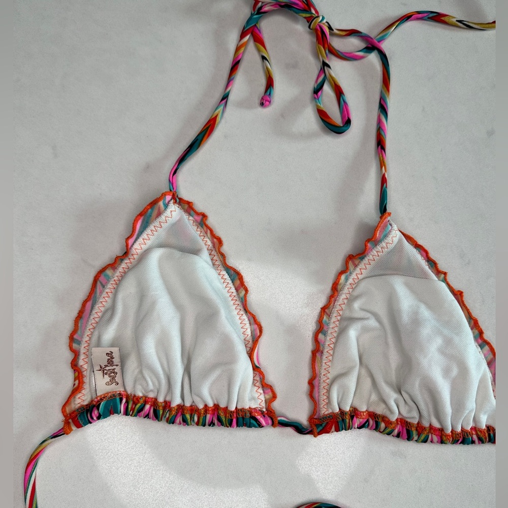 Luli Fama Multicolor Striped Triangle Bikini Top | Red Orange Pink | Size M - Picture 7 of 8